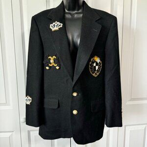Over Qualified Blazer Womens 8 Embellished Crest Gold Braid Black Wool